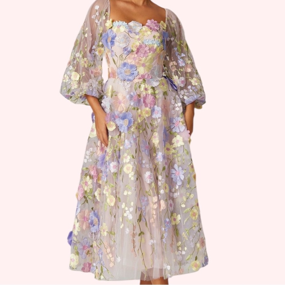 Springtime Princess Maiden Wedding Prom Pastel Floral Dress with Bishop Sleeves